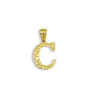 Solid 14k Yellow Gold Letter C Initial Nugget Pendant Jewelry