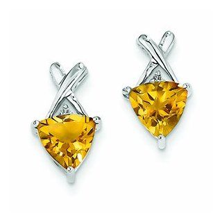 Genuine 14K White Gold Citrine And White Topaz Trillion Post Earrings 1.75 Grams of Gold Mireval Jewelry