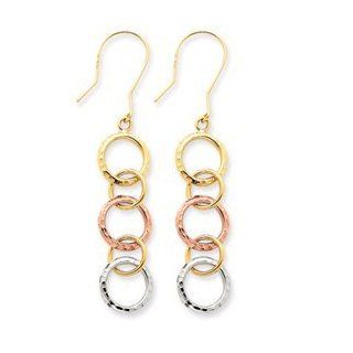 14k Gold Tri Color Diamond Cut Circle Dangle Earrings Jewelry