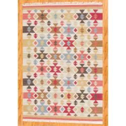 Indo Hand knotted Kilim Ivory and Green Wool Rug (4 x 6) 3x5   4x6 Rugs