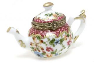 Limoges Porcelain Pink Floral Teapot —