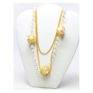 16" "Fancy Pearl Inspired" Long Gold Tone Pearl Finished Beads with Gold Tone Chain Accents fashion Jewelry/costume Jewelry Jewelry