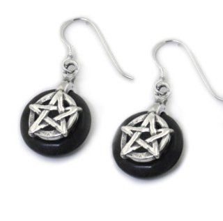 Sterling Silver Pentagram or Pentacle on Black Onyx Hook Earrings Dangle Earrings Jewelry