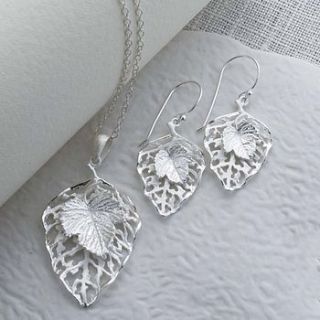 silver leaf necklace and earrings set by martha jackson