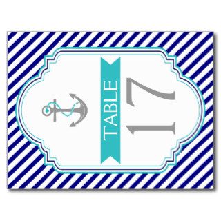 Navy blue, aqua nautical wedding table number postcards