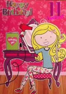 Girls Purple & Pink "Happy Birthday 11 Today" Birthday Greetings Card   Foil Embossed With Girl, Hairdryer, Nail Varnish & Vanity 