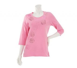 Quacker Factory Rose Splash Sequin Trim 3/4 Sleeve T shirt —