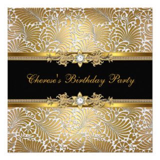 Birthday Party Damask Gold Black White Diamond Personalized Announcement