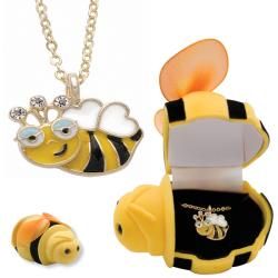 Goldtone and Enamel European Crystal Bee Necklace with Velour Box Crystal, Glass & Bead Necklaces
