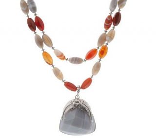 Artisan Crafted Double Strand Gem Necklace with Banded Agate Drop —