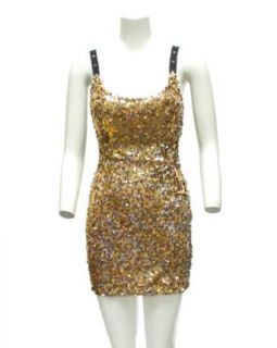 Ladies Gold Color 3 Strap Back Sequins Party Dress