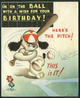 Happy Birthday card dog playing baseball action inside 1946 w/ envelope Entertainment Collectibles