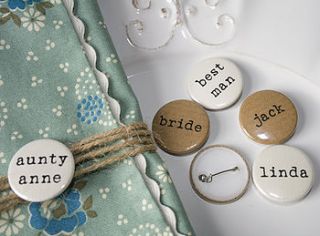 personalised name badge by wedding in a teacup
