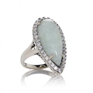 Jade of Yesteryear Green Jade and CZ Sterling Silver Elongated Pear Ring
