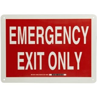 Brady 90628 10" Height, 14" Width, B 347 Plastic Green On Red Color Glow In The Dark Exit And Directional Sign, Legend "Emergency Exit Only" Industrial Warning Signs