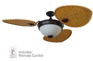Tropical Ceiling Fan with Light. 52 inch. Max 180 watts of light, Glass is matte white. Oil Rubbed Bronze body, Woven Bamboo blades, Remote Control Operates 3 speeds, Reverse, Light and dimming.    