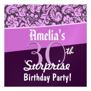 30th Surprise Birthday Purple Damask G421 Custom Announcement