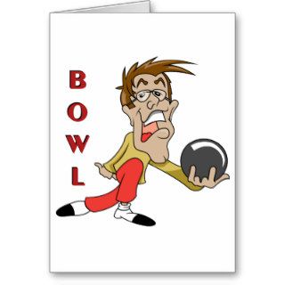 funny bowling man cartoon character greeting card