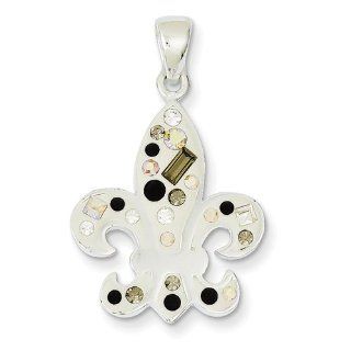 Sterling Silver Polished Crystal and Enamel White Fleur De Lis Pendant   JewelryWeb Jewelry