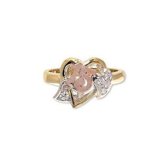 14k Tricolor Gold, Modern Heart Design 15 Anos Quinceanera Ring with Brilliant Lab Created Gems Jewelry