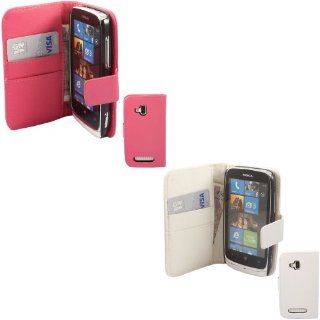 2 Pack Credit Card Flip Case Cover Skin For Nokia Lumia 610 / Hot Pink And White Cell Phones & Accessories