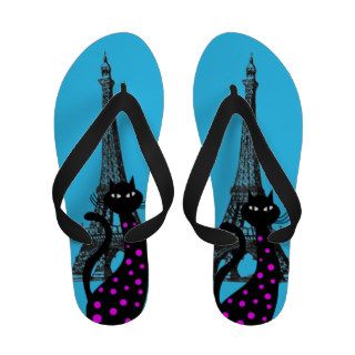 Eiffel Tower and Black Cats Blue Flip Flops