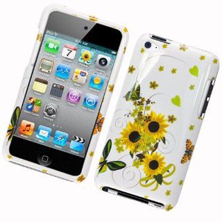 White with Yellow Sunflower and Green Butterfly Snap on Apple Ipod Touch 4 / 4th / 4G / itouch Gen Generation 8GB 32GB 64GB  Case + Microfiber Bag   Players & Accessories
