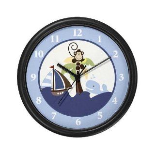 Lightweight Black Plastic Framed Ahoy Mate Wall Clock Blue Monkey Sailboat Wall Clock, 10"  