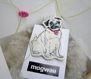 pug dog with heart collar brooch by mogwaii design