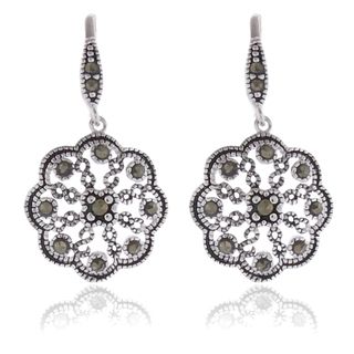 Dolce Giavonna Silver Overlay Marcasite Flower Design Drop Earrings Dolce Giavonna Gemstone Earrings