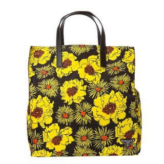 Prada Women's Yellow and Black Flower Printed Tote Bag Prada Designer Handbags