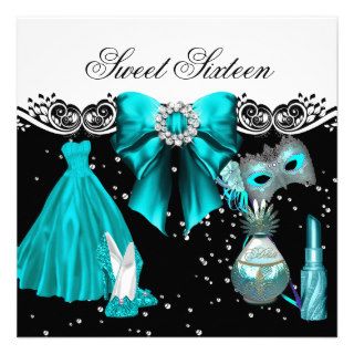 Masked Teal Blue Sweet Sixteen Sweet 16 Party Announcements