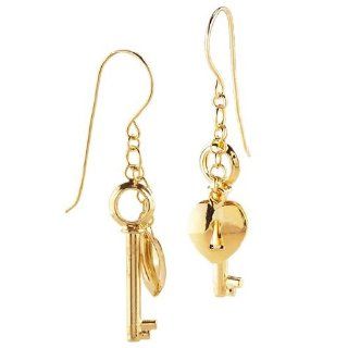 14K Yellow Gold Heart Lock and Key Earrings Jewelry