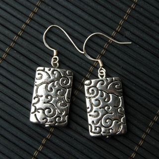 Silver and Black Two toned Engraved Rectangular Metal Earrings (China) Earrings