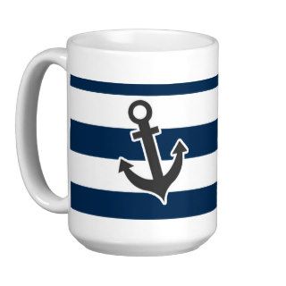 Nautical Anchor on Dark Midnight Blue Stripes Mug
