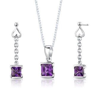 Sterling Silver Rhodium Nickel Finish 2.00 carats total weight Princess Cut Amethyst Pendant Earrings and 18 inch Necklace Set Peora Jewelry