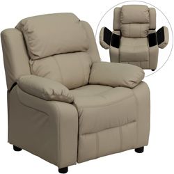 Deluxe Heavily Padded Contemporary Beige Vinyl Kids Recliner With Storage Arms