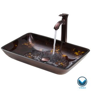 Vigo Rectangular Brown And Gold Fusion Glass Vessel Sink And Faucet Set In Oil Rubbed Brozne