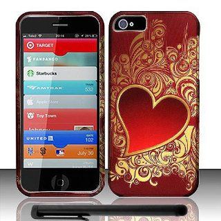 Apple iPhone 5 (New 4G LTE for All Carrier) Golden Red Heart Glow Design Snap On Hard Case + Bonus Black Capacitive Stylus + LONG ARCH 5.5 inch Light Blue Screen Cleaning Cloth Cell Phones & Accessories