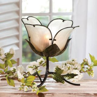 Embossed and Hand Painted Glass and Metal Flower Table Lamp