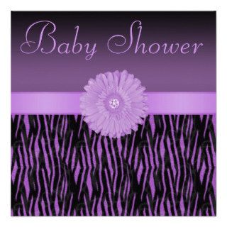 Purple Zebra Stripes & Bling Flower Baby Shower Announcements
