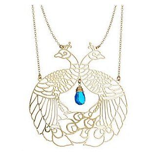 Kris Nations 14K Gold Plated Large Peacock Pendant Necklace With A Capri Blue Swarovski Crystal Jewelry