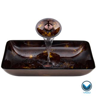 Vigo Rectangular Brown/ Gold Fusion Glass Vessel Waterfall Faucet Sink Set