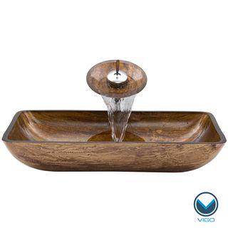 Vigo Rectangular Amber Sunset Glass Vessel Sink Waterfall Faucet Set