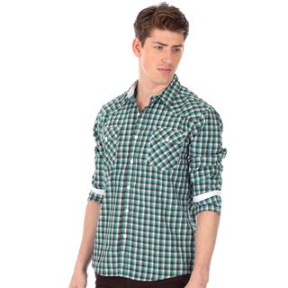 191 Unlimited Mens Slim Fit Plaid Woven Shirt In Green With Two Chest Pockets