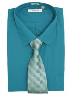 Adolfo Mens Solid Dark Aqua Blue Dress Shirt + Tie Set   Size 19 34/35 at  Men�s Clothing store