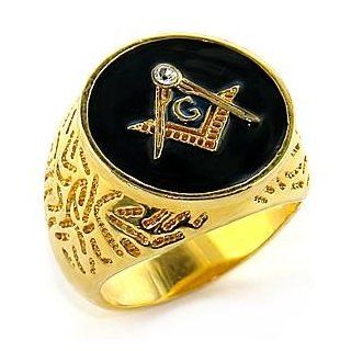 MENS RING   Gold Tone Dome Style Detailed Band Round Masonic CZ Ring Jewelry