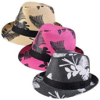 Journee Collection Journee Collection Womens Basketweave Leaf Print Fedora Hat Pink Size S