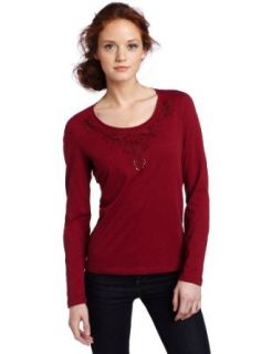 Jones New York Women's Petite Long Sleeve Scoop Neck T Shirt with Sutache, Red Wine, Petite/Large Fashion T Shirts