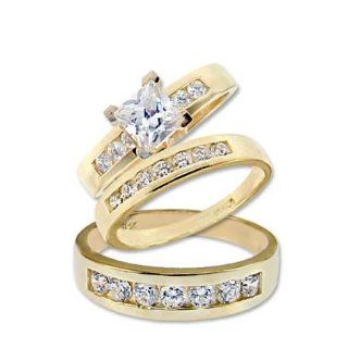 14k Yellow Gold, Trio Three Piece Wedding Ring Set Princess Lab Created Gems Jewelry